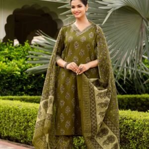 Cotton Green Kantha Work Plus Size Kurta Dupatta Pant Set